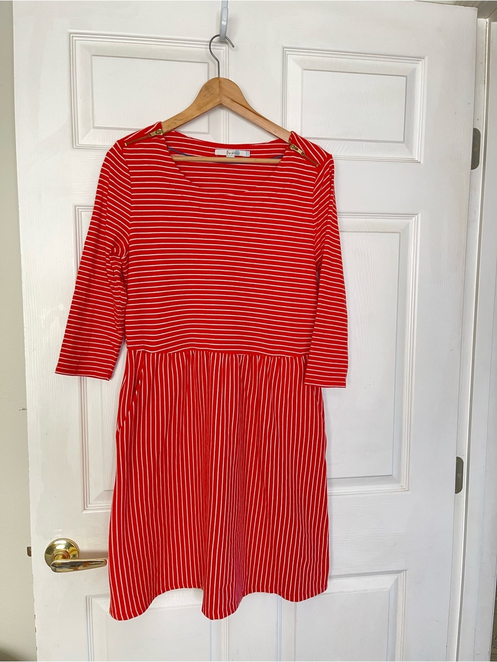 Boden Red and White Striped Tee with Navy Accent